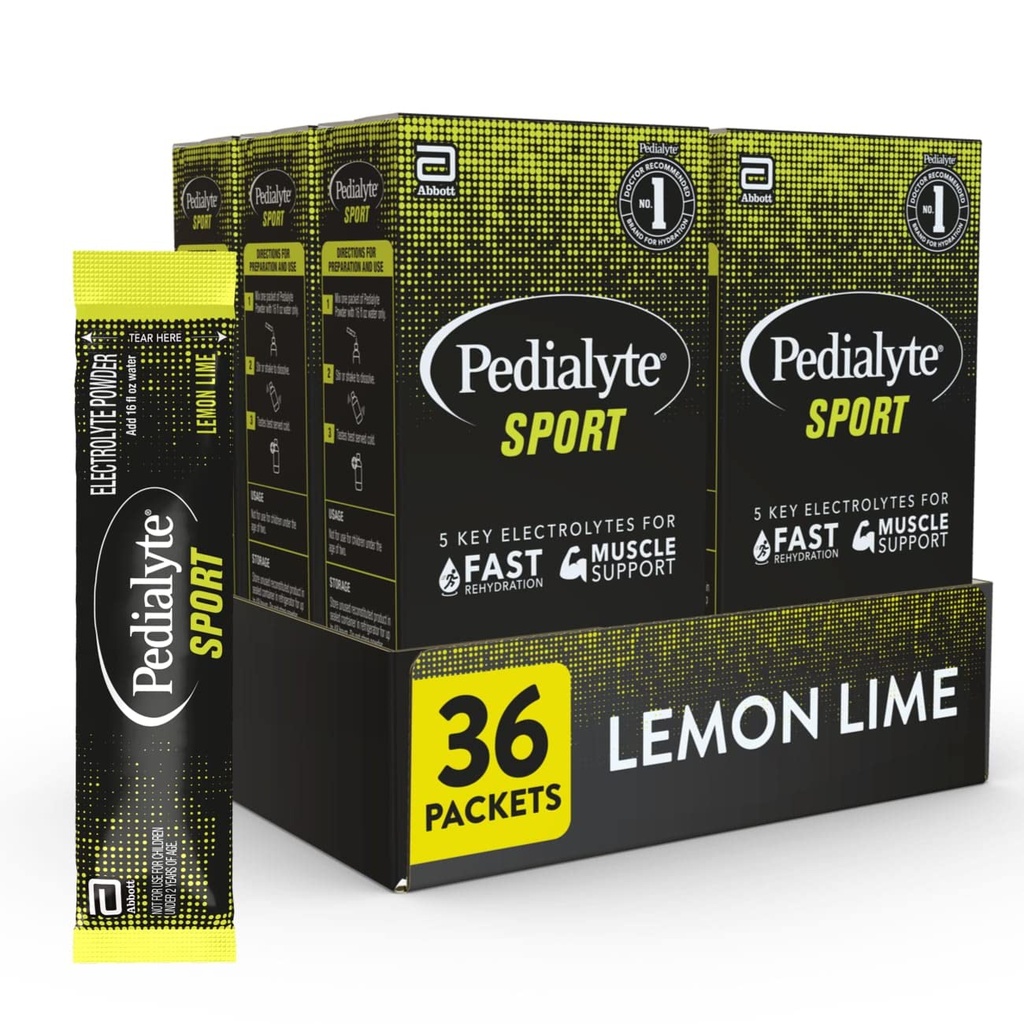 Pedialyte Sport Electrolyte Powder, Hurtig hydrering med 5 Key Electrolytes for Muscle Support Før, under og efter træning, Lemon Lime, 0.49- oz Pakninger (36 Greve)