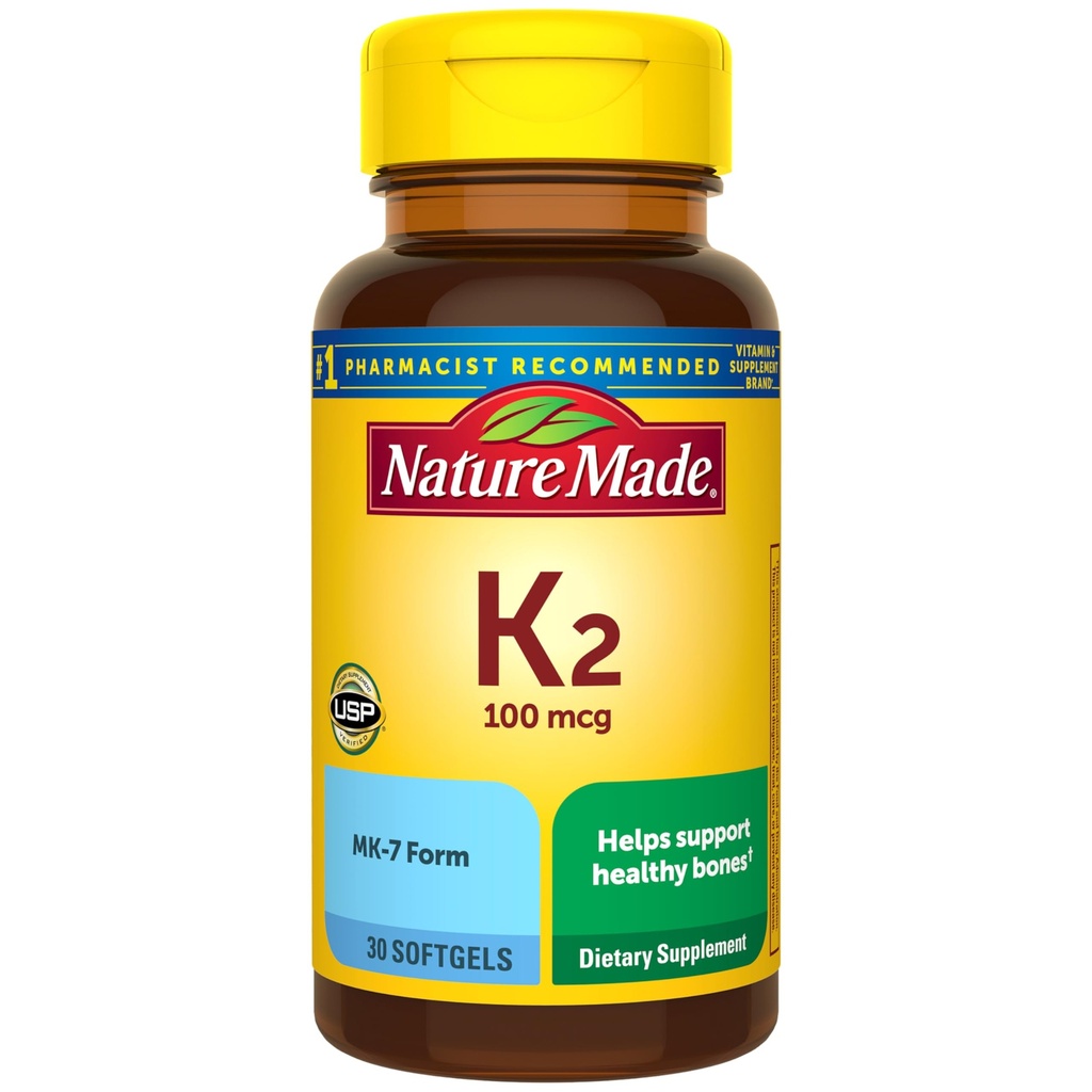 Nature Made Vitamin K2 100 mcg, Sunde Knogler Kosttilskud, Vitamin K2 tillæg, 30 Softgels, 30 Day Supply