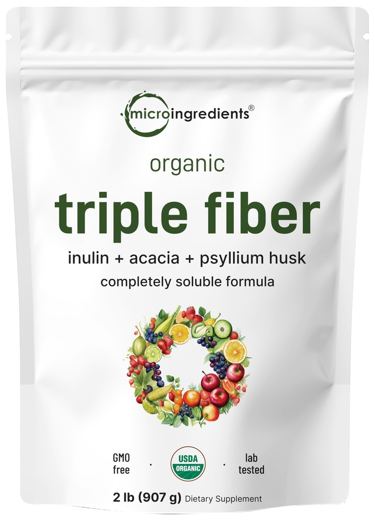 Micro Ingredients Organic Triple Fiber Powder, 2lb Measurement 124; Natural Prebiotic to Support Dissestive & Gut Health Measurement 124; Opløselig, Nemt fordøjelig Measurement 124; Unflavored, Vegan
