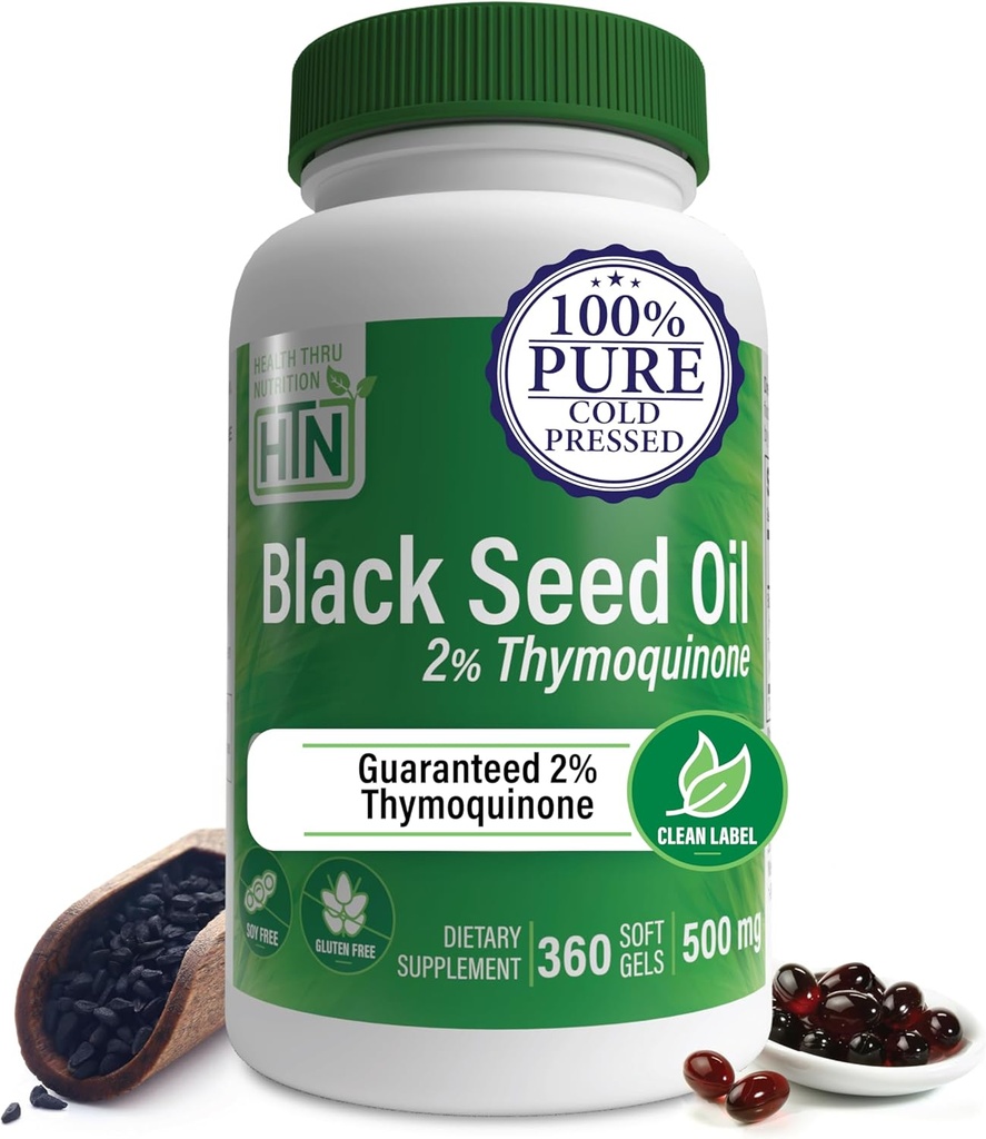 Health Thru Nutrition Black Seed Oil 500mg 360 Softgels against 124; High Potency 2% Thymoquinone against 124; 3. part testet 124; Pure Cold Pressed