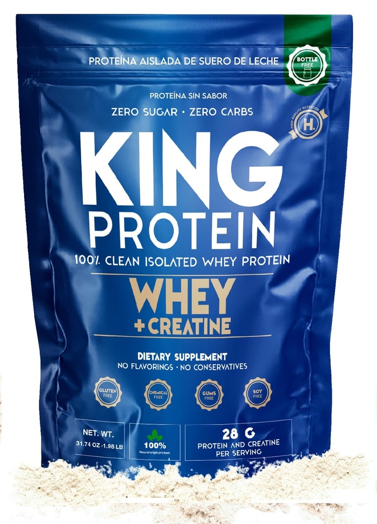 Clean Unflavored Whey Isolate Protein Powder with Creatine Measures 124; 23g plus 5g Creatin & Organic BCAA per Serving Measures 124; 100% Natural Measures 124; No Carbs Measures 124; Preservatives, GMO, Soy & Gluten Free, 30 Servere