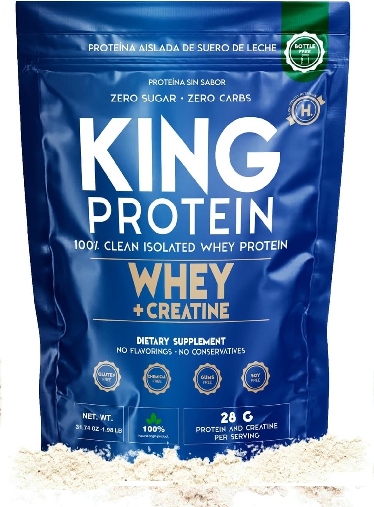 Clean Unflavored Whey Isolate Protein Powder with Creatine Measures 124; 23g plus 5g Creatin & Organic BCAA per Serving Measures 124; 100% Natural Measures 124; No Carbs Measures 124; Preservatives, GMO, Soy & Gluten Free, 30 Servere