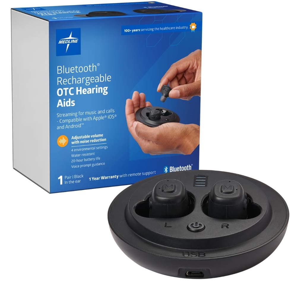 Medline Bluetooth Genopladelige OTC hørelse hjælpemidler, in-The- Ear, 4 miljømæssige indstillinger, vand resistent, justerbar volumen, Mild til moderat høretab, støjreduktion, Earbud hørelse hjælpemidler