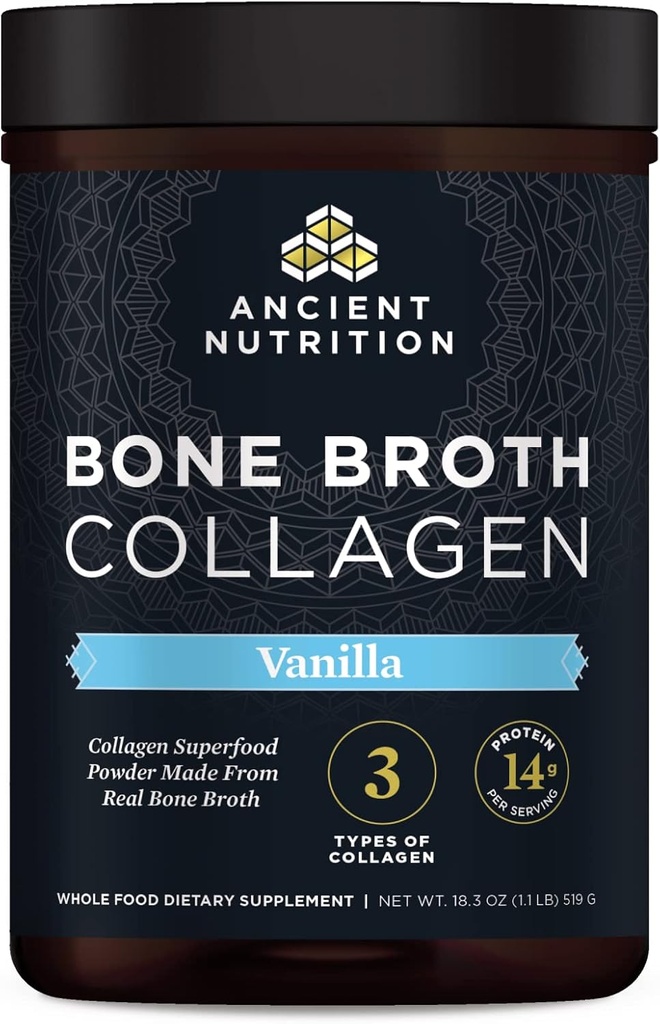 Ancient Nutrition Collagen Powder, Bone Broth Collagen, Vanilla, Hydrolyzed Multi Collagen Peptider, Understøtter hud og negle, Fælles tillæg, 30 Servere, 18.3oz