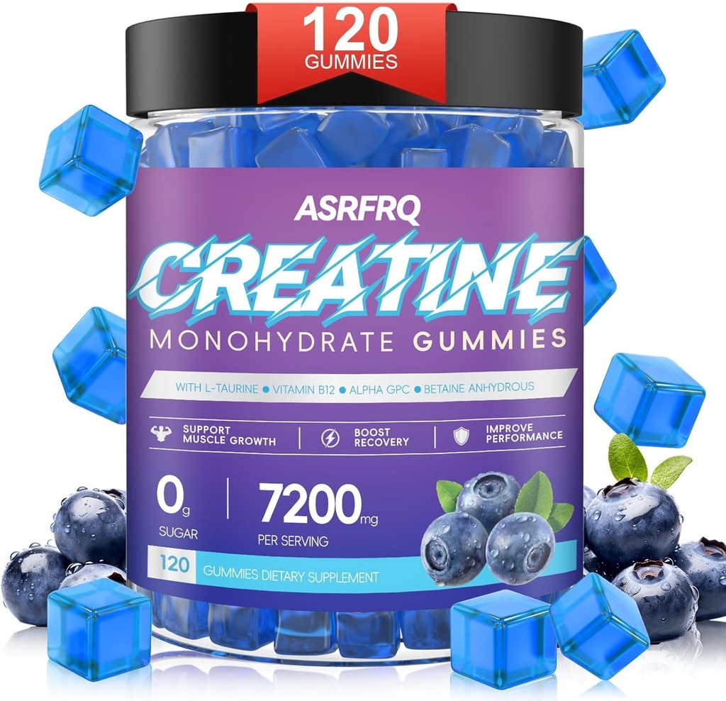 Creatinmonohydrat Gummier for mænd og kvinder 120 CT - 7200mg Creatinmonohydrat per servering, Chewable Creatinmonohydrat til muskelstøtte & energi Boost, Sugar Free, Vegan (BlueberryFlavor)