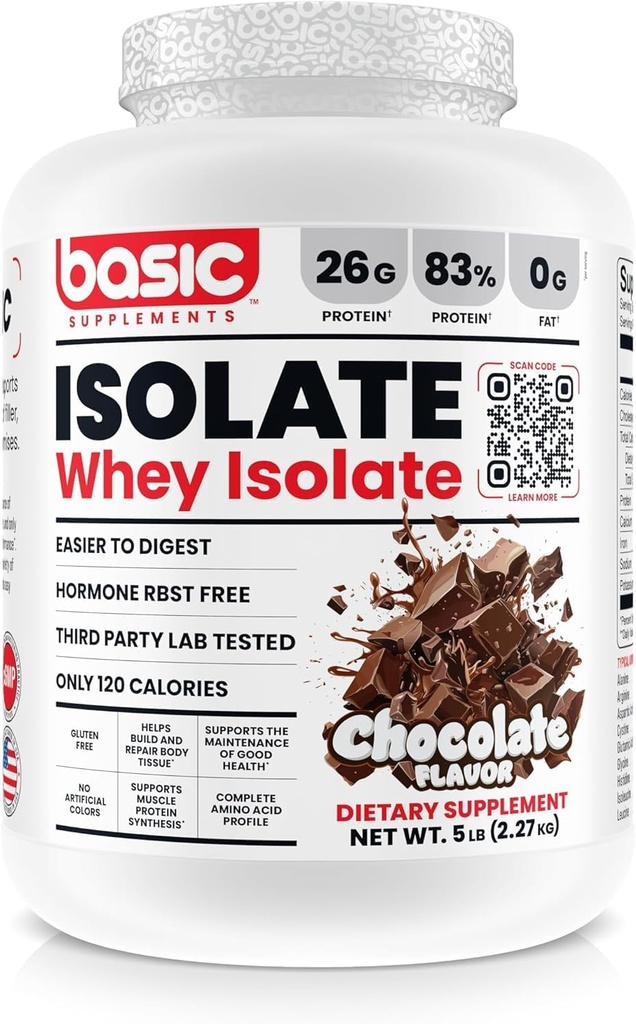 Basic Whey Protein Isolate, 26g Protein, 0g Fedt, Gluten- Free, RBST- Free, Rapid Absorption, 120 Kalorier (5 Pund, Chokolade)
