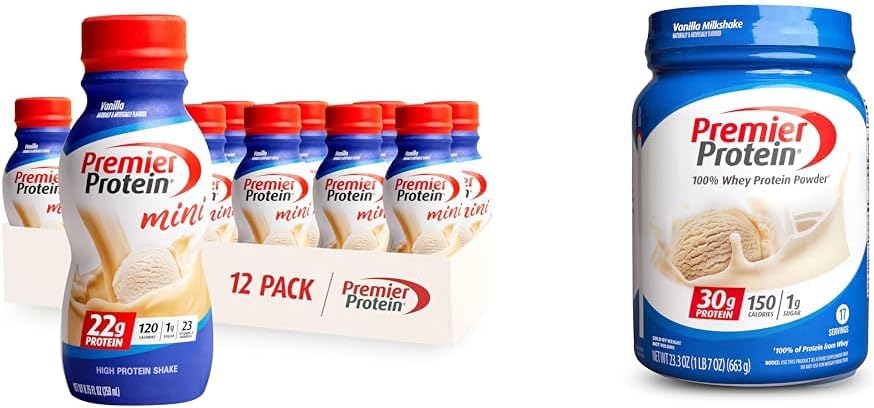Premier Protein Shake MINIs Vanilla 22g Protein 120 Calories Pack of 12 & Powder Vanilla Milkshake 30g Protein 17 Servings 23.3 Ounces