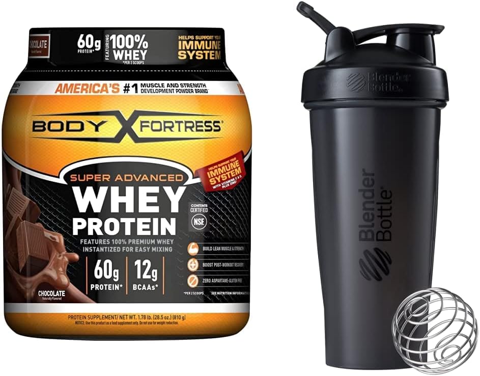 Body Fortress Super Advanced Whey Protein Powder, Chocolate (1,78 lbs) og BlenderBottle Classic Shaker Flaske (28 oz), Black