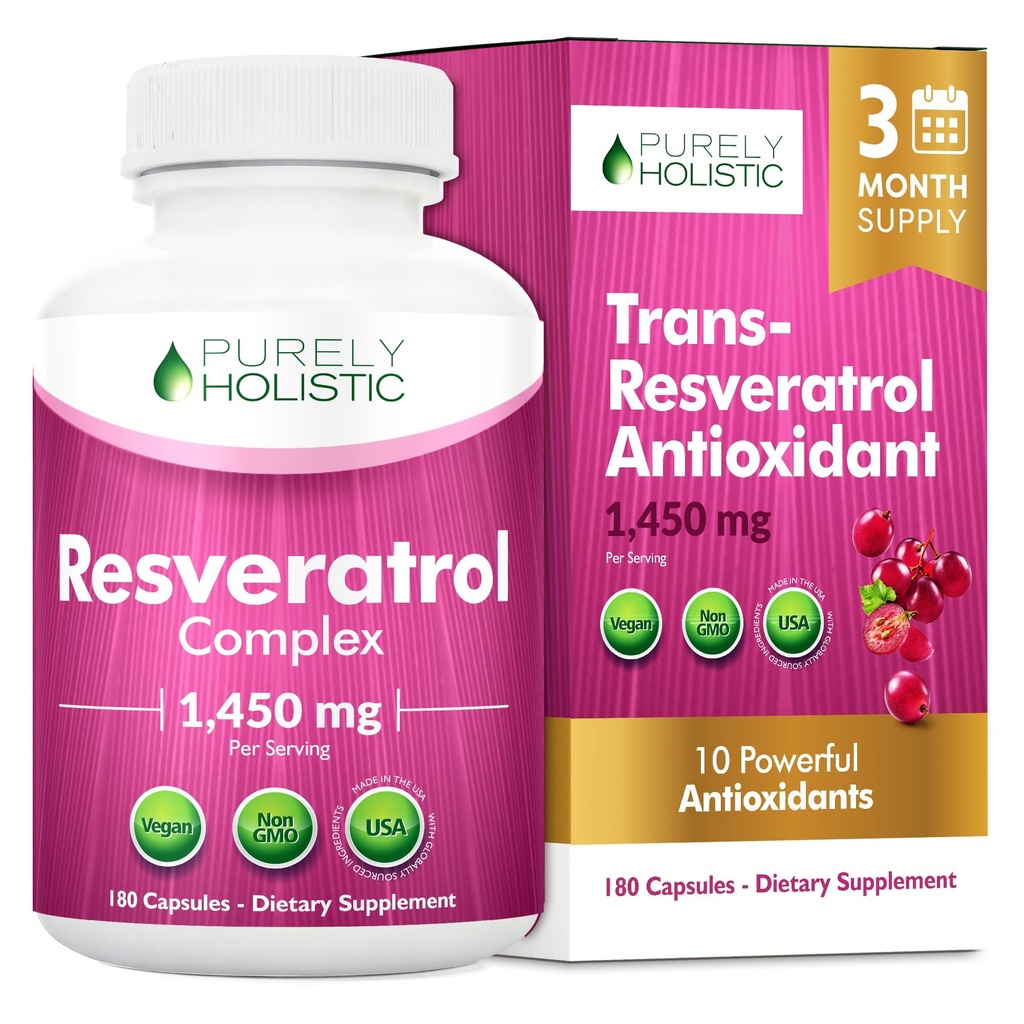 Rent Holistisk Resveratrol 1450mg, 90 Servering, Trans- Resveratrol Antioxidant supplement med C-vitamin og Polyphenol Complex, 180 Vegan kapsler