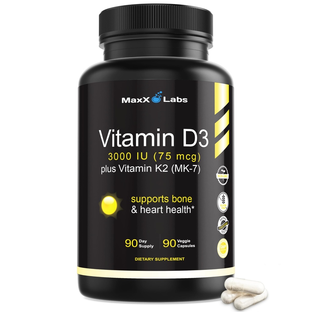 D3 K2 3000 IE - med vitamin K som MK- 7 fra Nato - højpotens D- vitamin Support Sunde knogler, tænder, hjerte - og immunfunktion, Gluten- fri - 90 kapsler