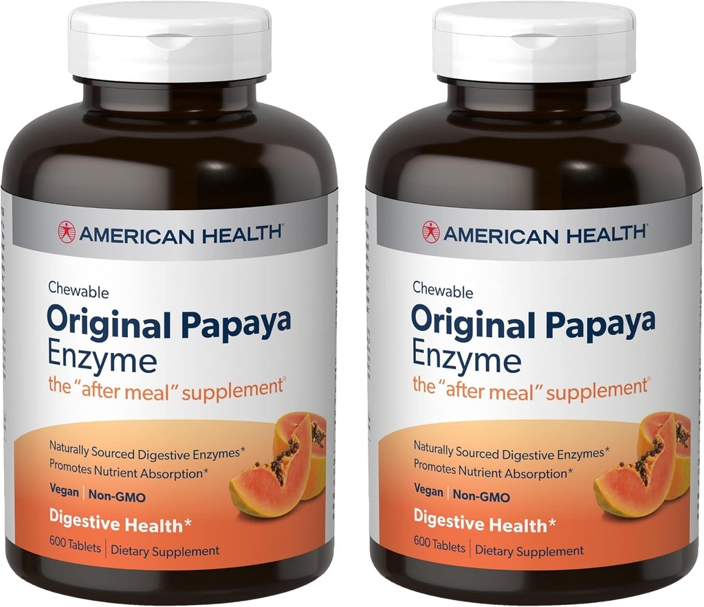 American Health Original Papaya Enzyme - 600 tyggetabletter, pakke af 2 - Eftermåltid tillæg - non-GMO, Vegan - 400 Total Servering