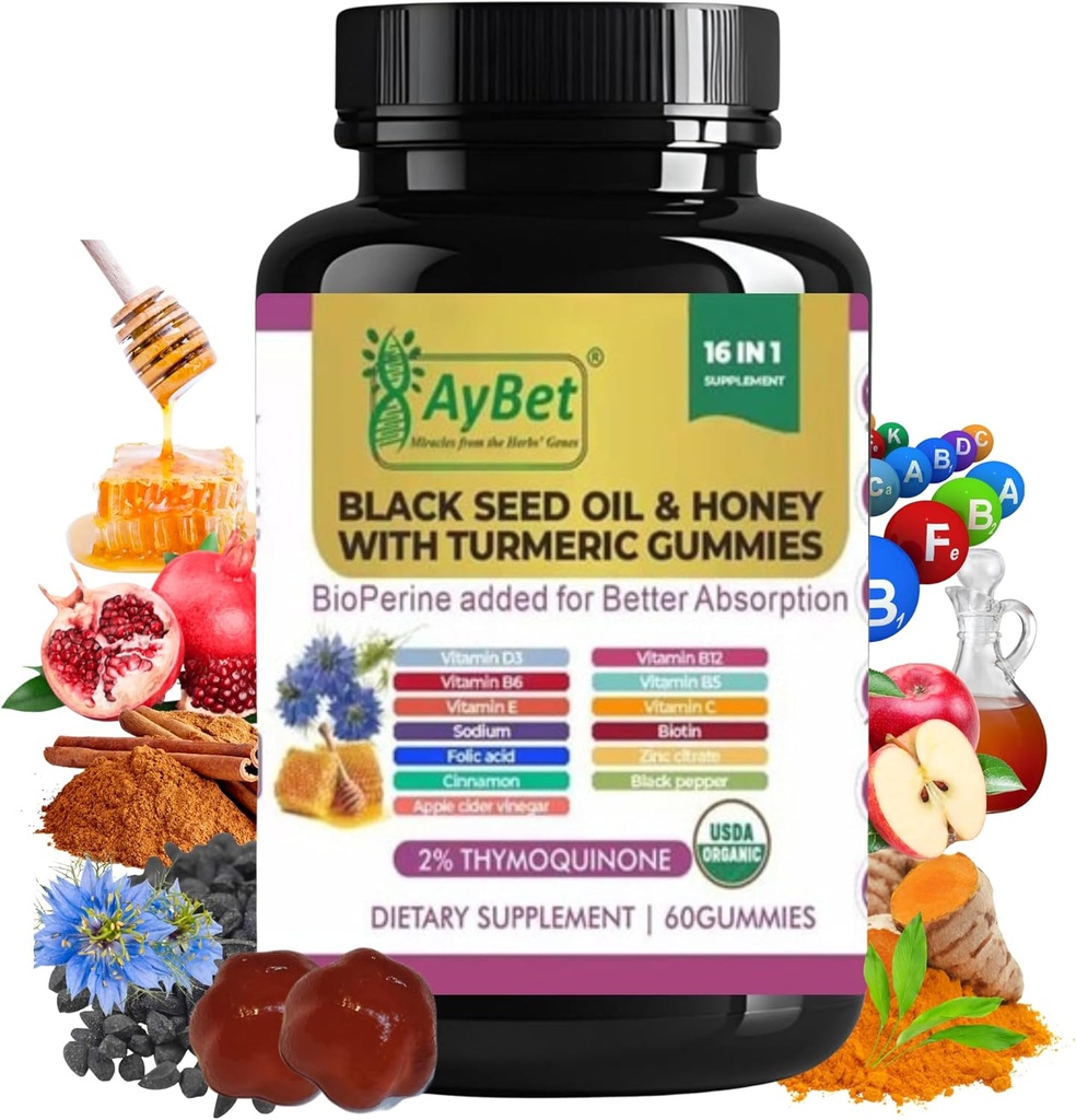Black Seed Oil & Honey med gurkemeje med BioPerine, Apple Cider Vinciale, Biotin, Zink & Vitaminer C D3 B12 - Immunum, Detox, Energi & Hårnegle Support - 60 Vegan, Halal, Organic Gummies
