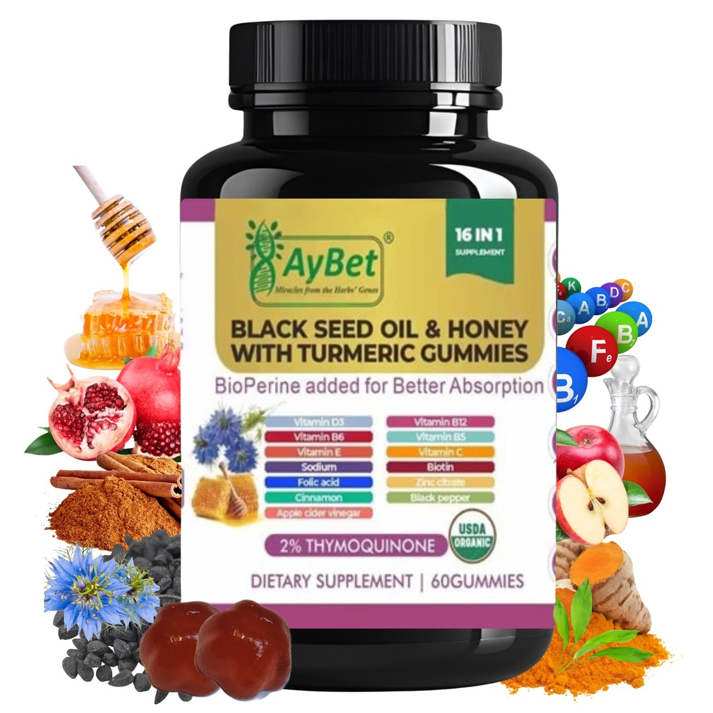 Black Seed Oil & Honey med gurkemeje med BioPerine, Apple Cider Vinciale, Biotin, Zink & Vitaminer C D3 B12 - Immunum, Detox, Energi & Hårnegle Support - 60 Vegan, Halal, Organic Gummies