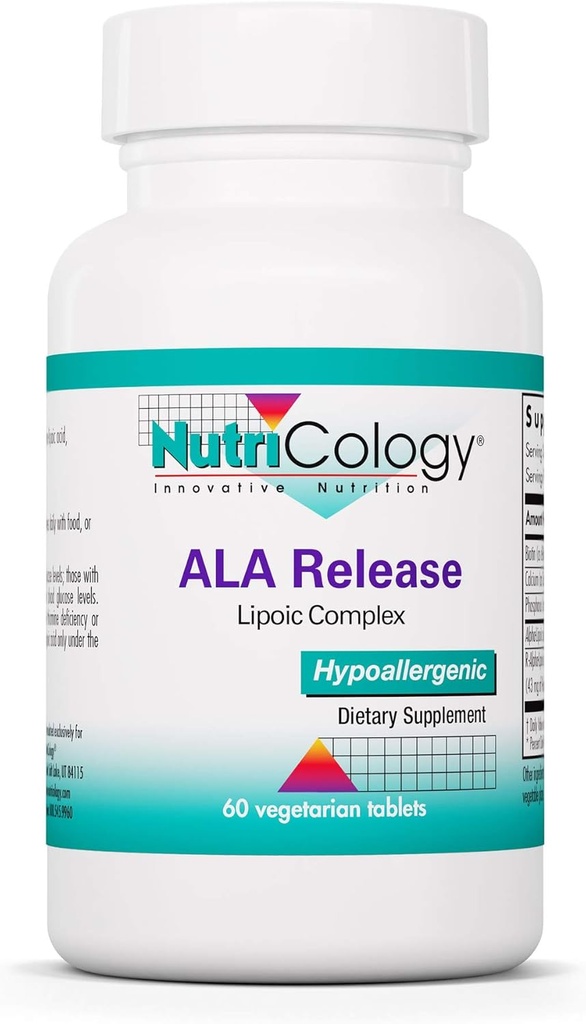 Nutricology ALA Release - Alpha- Lipoic Acid Complex, R- Alpha- Lipoic, Biotin, Calcium, Nutritional Supplement, Vegetariske tabletter - 60 Tæl