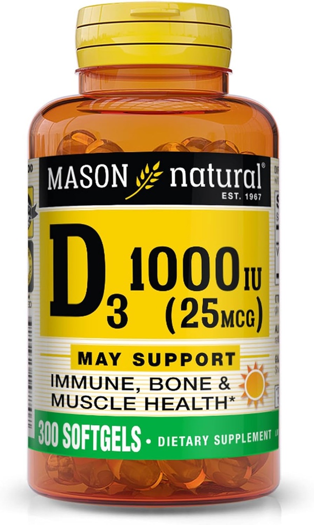 MASON NATURAL Vitamin D3 25 mcg (1000 IU), Supports Overall Health, Strengthens Bones and Muscles, from Fish Liver Oil, 300 Softgels