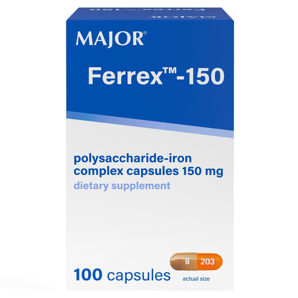 MAJOR Ferrex- 150 Polysaccharid - Iron Complex kapsler 150mg jerntilskud til kvinder og mænd - rødme på mave - 100 kapsler