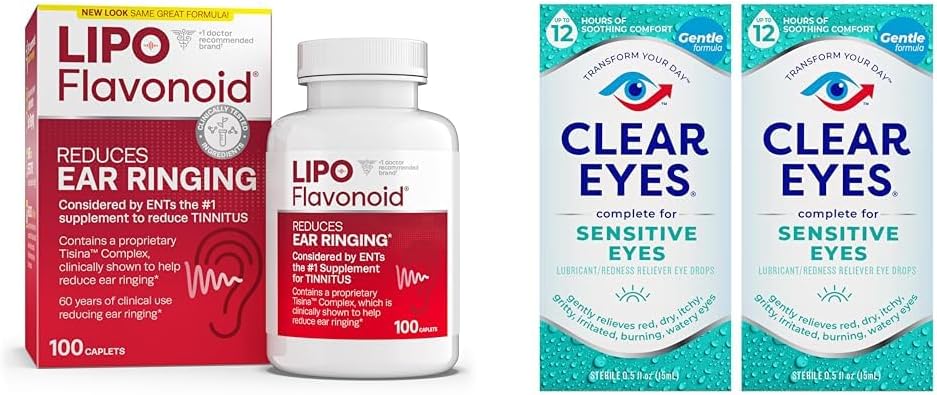 Lipo- flavonoid Tinnitus Relief Øre Sundhed Vitaminer 100 Caplets & Clear Eyes Følsomme øjendråber 0, 5 Oz 2 Pack Bundle