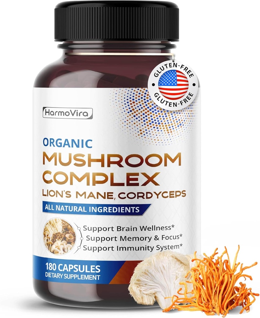 Organic Mushroom Complex med løvens Mane, Cordyceps & Tyrkiet Hale - hjerne, hukommelse og immunforsvar - 180 kapsler (6-måneders levering)