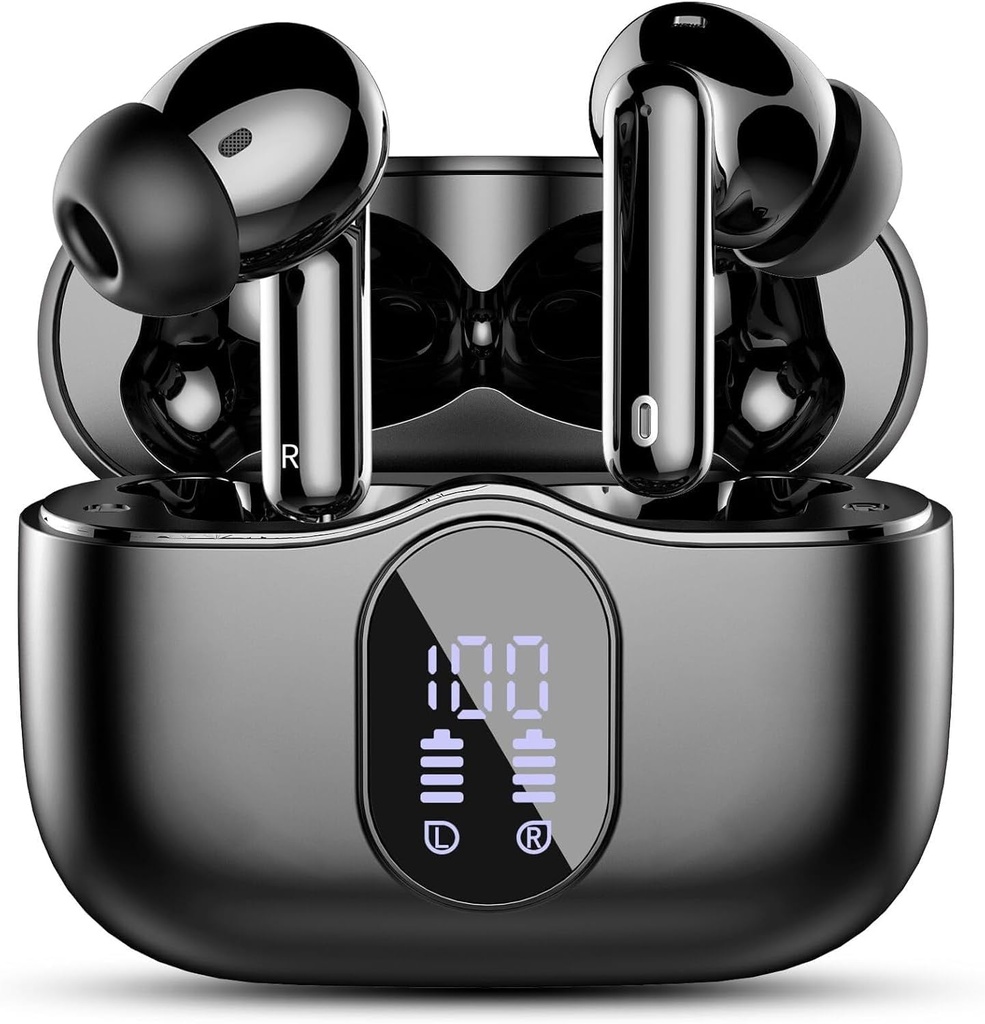 Trådløse Earbudons, Bluetooth 5.4 Hovedtelefoner Bass Stereo, Ear Bud med støj Annullering Mic LED Display, IP7 Vandtæt i Ear Earphones, 36H Playtime for Laptop Pad Phones Sport Workout, Sort