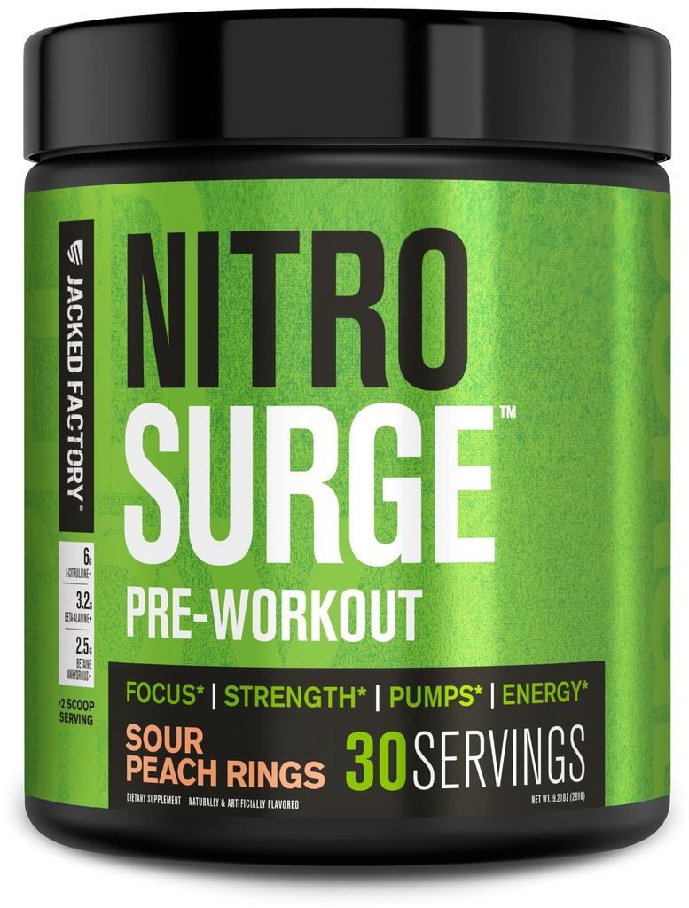 Jacked Factory NITROSURGE Pre Workout Supplement - Endeløs energi, Instant Strength Gains, Clear Focus, Intensive Pumper - NO Booster & kraftfuld Preworkout Energy Powder - 30 Serveringer, Sour Peach ringe