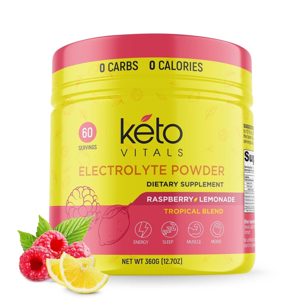 Keto Vitals Electrolytes Powder - Sukker Free Keto Electrolytes Powder med kalium, Magnesium, natrium, & Calcium - Ingen sukker Electrolyte Drink Mix & Hydration Powder, 60 Servering, Raspberry Lemonade