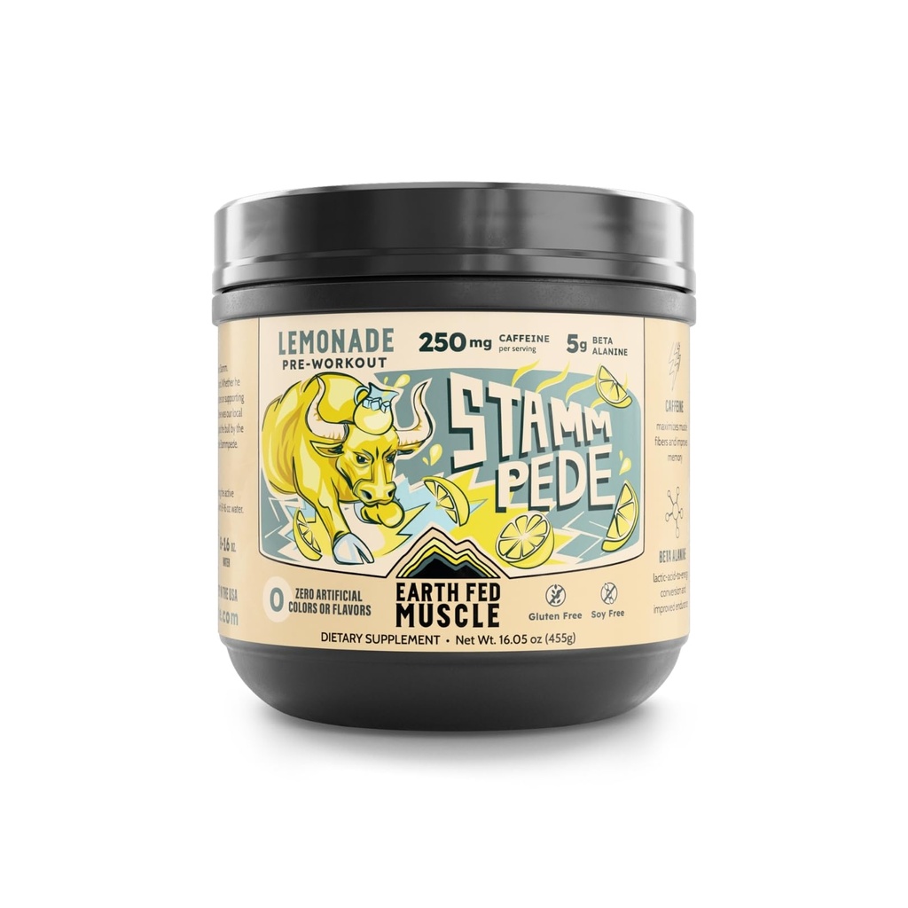 Earth Fed Muscle Stammpede Pre Workout Powder, Lemonade Flavor, 250mg Koffein Powder, 5g Beta Alanine, Citrullin, Taurine & Tyrosine, Gluten & Sugar Free Pre Workout, Keto Friendly, 26 Servere
