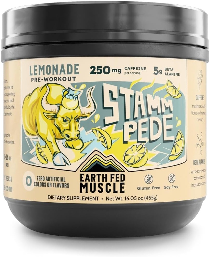 Earth Fed Muscle Stammpede Pre Workout Powder, Lemonade Flavor, 250mg Koffein Powder, 5g Beta Alanine, Citrullin, Taurine & Tyrosine, Gluten & Sugar Free Pre Workout, Keto Friendly, 26 Servere