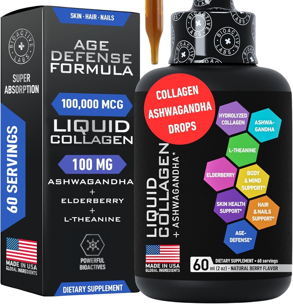 Flydende collagen til kvinder og mænd med Calming Ashwagandha - 100,000mcg Bovine Collagen Drink, 100mg Ashwagandha Flydende til strålende hud, hår, negle og immunforsvar - 2oz Berry Flavor Drops
