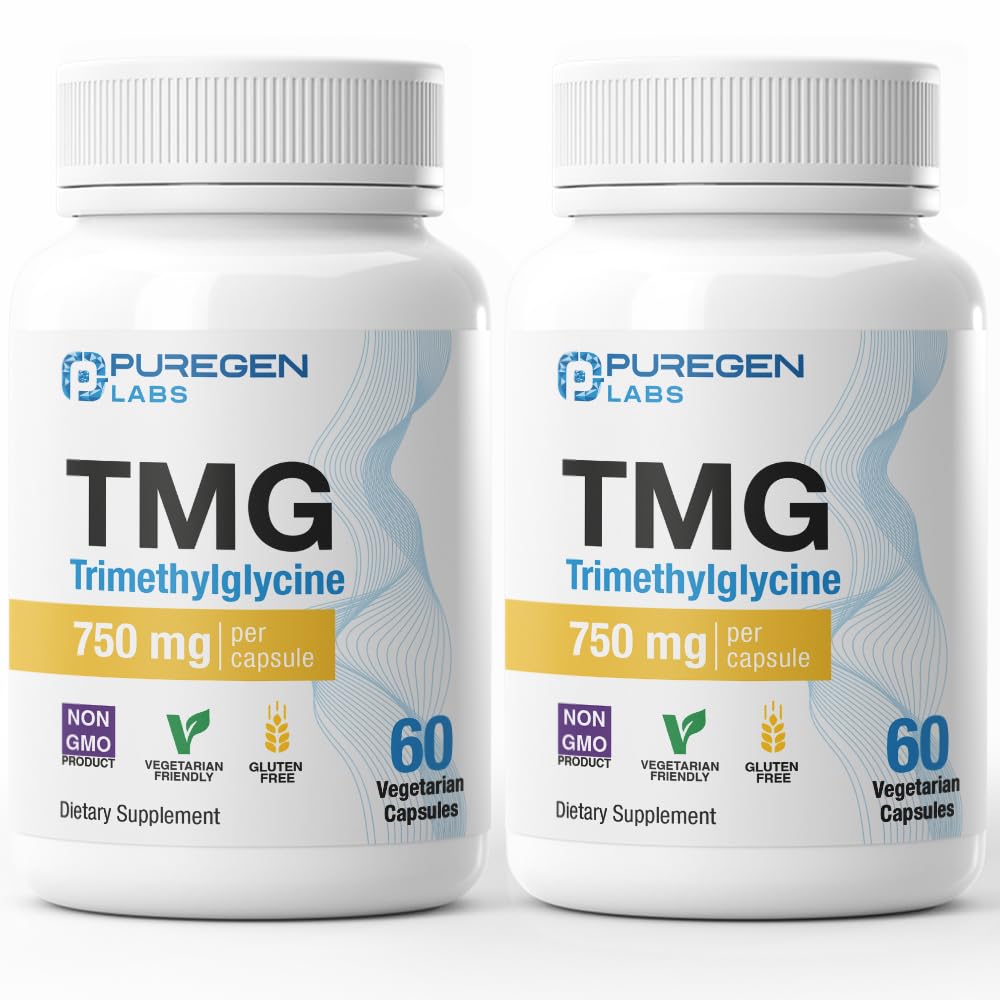 Puregen Labs TMG 750 mg - Trimethylglycin supplement - Non- GMO, NO Gluten og Dairy Measures 124; Fremstillet i USA - 2 Pack Measures 124; Total 120 Vegetariske Kapsler