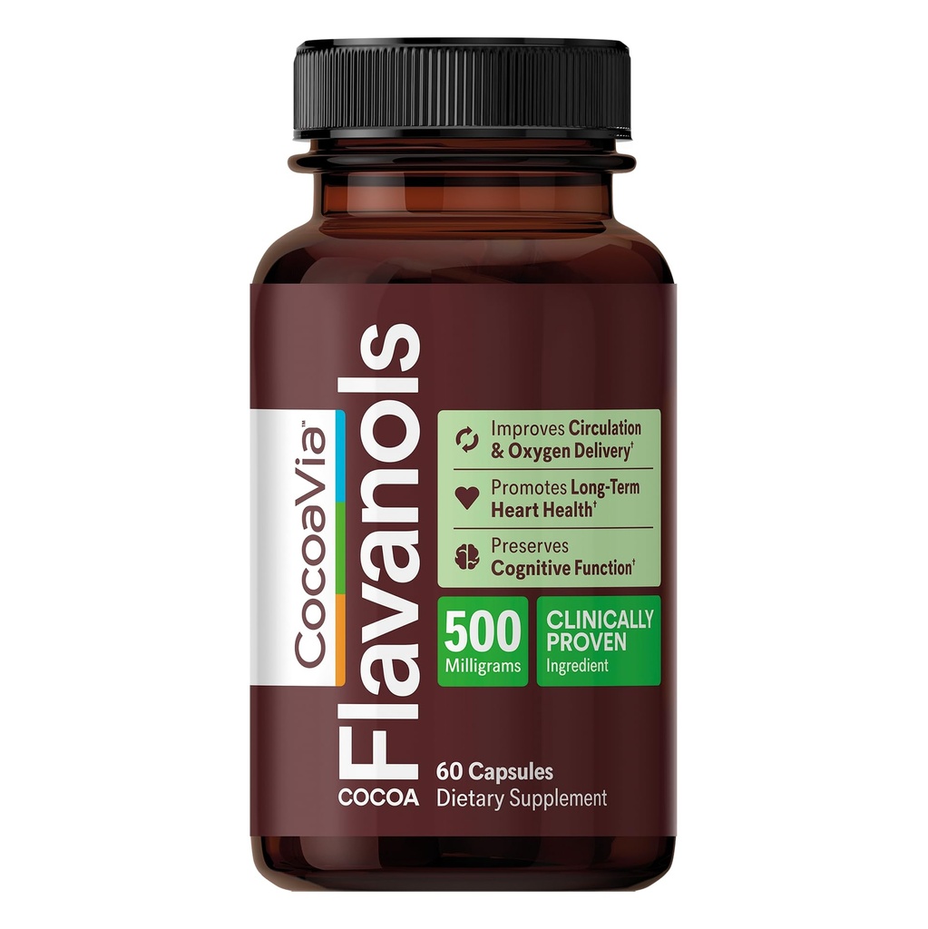 CocoaVia Heart & Brain Supplement, 30 dag, Cocoa Flavanol Extract, Memory & Circulation Booster, Nitrooxid, Boost Oxygen & Energy, Plant Based, Gluten Free, Vegan, 60 Kapsler