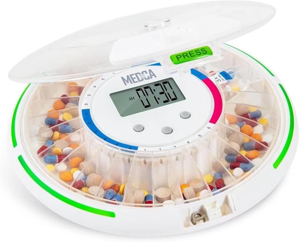 Automatic Pill Dispenser med 28- Day Electronic Medication Organizer - Lockable Key Pill Container med LCD-skærm, lys og lyd Reminder Alarm til planlagt Medication for seniorer og ældre
