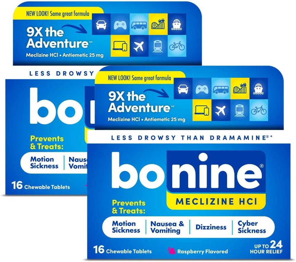 Bonine Non- Drowsy Motion Sygdom Relief - 32 tyggetabletter med Meclizine HCL 25mg - Non Drowsy Medicine for Kvalme eller Motion Sygdom - Cruise Essentials - Raspberry Flavor