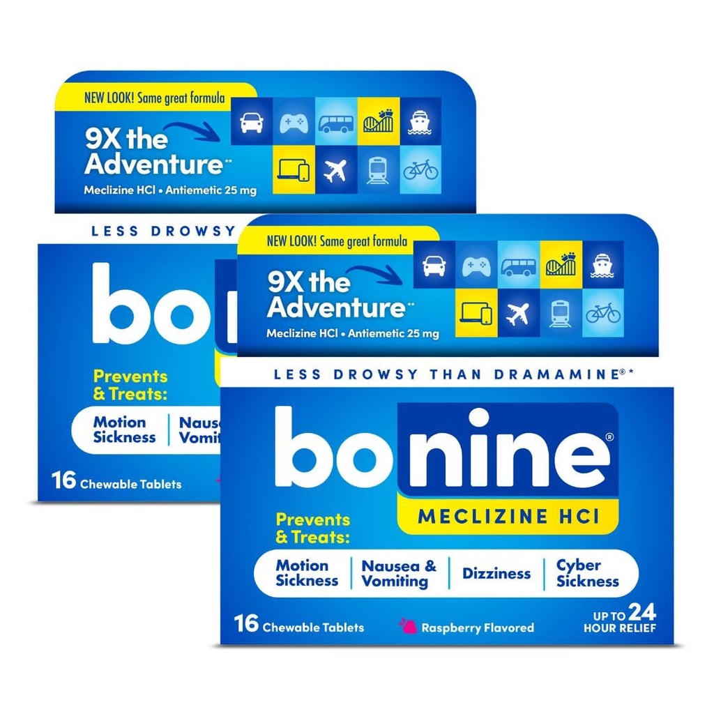 Bonine Non- Drowsy Motion Sygdom Relief - 32 tyggetabletter med Meclizine HCL 25mg - Non Drowsy Medicine for Kvalme eller Motion Sygdom - Cruise Essentials - Raspberry Flavor