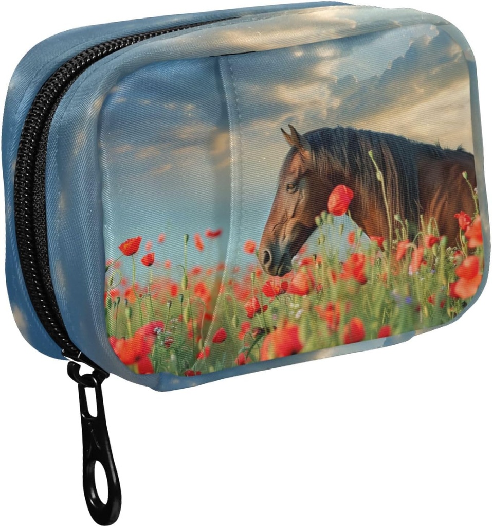 Fustylead Mane Horse i Poppy Flower Field og Sky Pill Organizer sag med lynlås 2 gange en dag for vitamin og supplement, 7 dages rejse Organizer Medicin sag