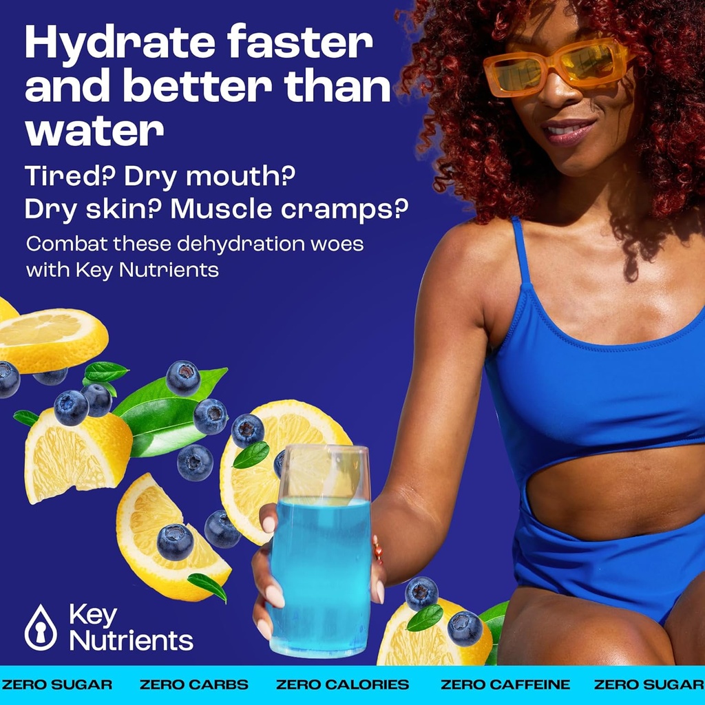 KEY NUTRIENSER Multivitamin Electrolytes Powder Packets - Lækker blåbær Lemonade 40 Pack Hydration Packets - Travel Hydration Powder - Ingen sukker, Ingen kalorier, Gluten Free - Made in USA