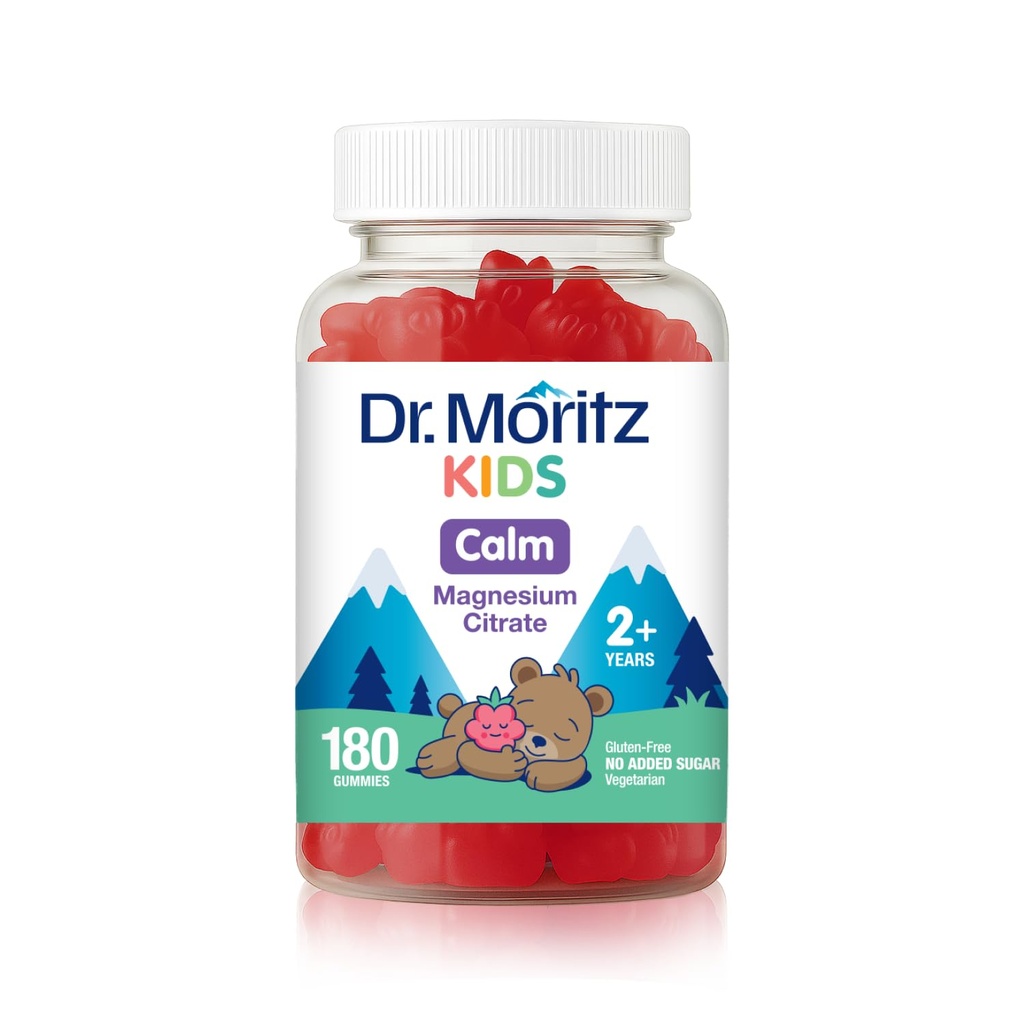 DR. MORITZ Sugar- Free Calm Magnesium Gummier for børn og voksne - Non- GMO Magnesium Citrate Gummies - Raspberry Flavor - 1- Pack (180 Tæl)