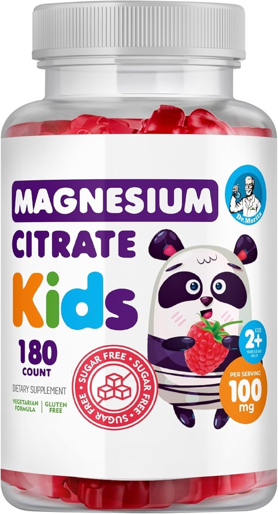 DR. MORITZ Sugar- Free Calm Magnesium Gummier for børn og voksne - Non- GMO Magnesium Citrate Gummies - Raspberry Flavor - 1- Pack (180 Tæl)