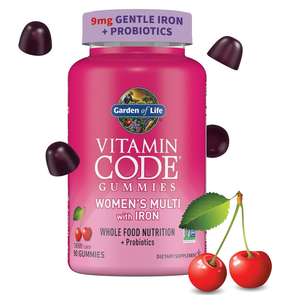 Garden of Life Vitamin Code Women’s Multivitamin Gummy with Iron: Folate, Biotin, D3 & B12 for Hair, Skin & Nails + Probiotics for Immune Health & Digestion, Non-GMO, Gluten-Free, 90 Cherry Gummies