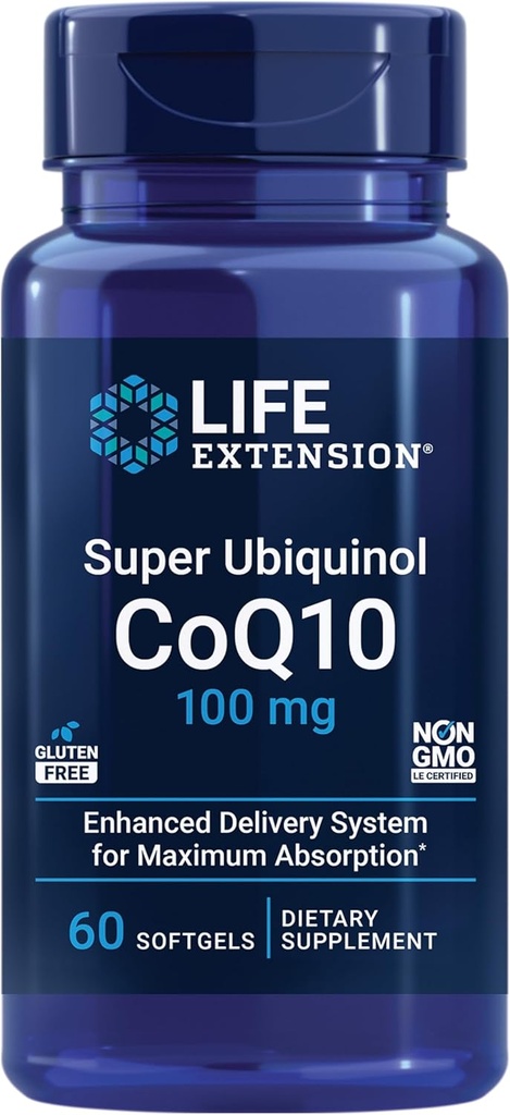 Life Extension Super Ubiquinol CoQ10, Heart Health Supplement, Cell Energy, oxiderende stress forsvar, Maksimal Absorption, 100 mg, Non- GMO, Gluten- Free, 60 bløddele
