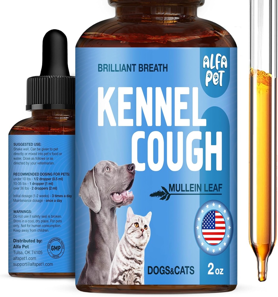 Hund Hough Treatment Liquid • Kennel Hough til hunde og katte • for vejrtrækning under alle livscyklus • Marshmallow Root + Mullein Leaf i sammensætningen • Naturligt supplement til alle racer • 2 Oz