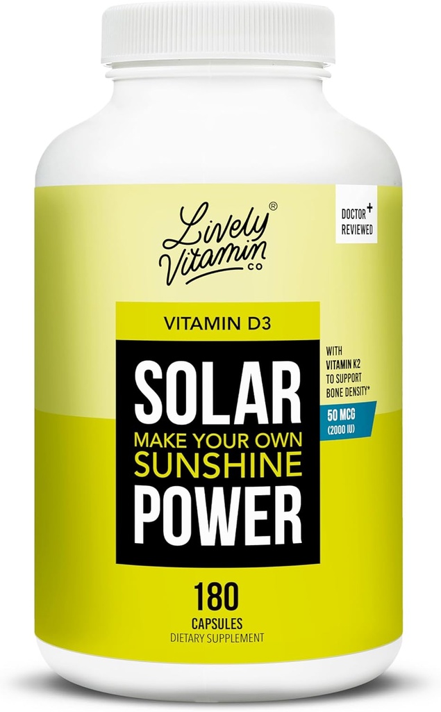 LIVELY VITAMIN CO. Solar Power Vitamin D3 2000 iu - Patenteret vitamin K - MK7 - immunbalance - Brain Function - Mood - Heart - Stress - 180 Tæl