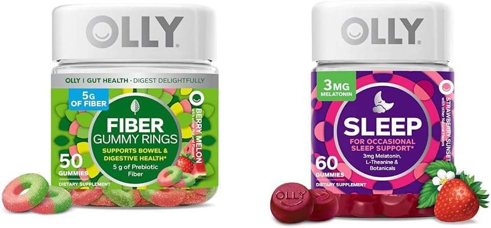 OLLY Fiber Gummy ringe 50ct & Sleep Gummy 60ct med Melatonin, L- Theanine, Kamille, Lemon Balm