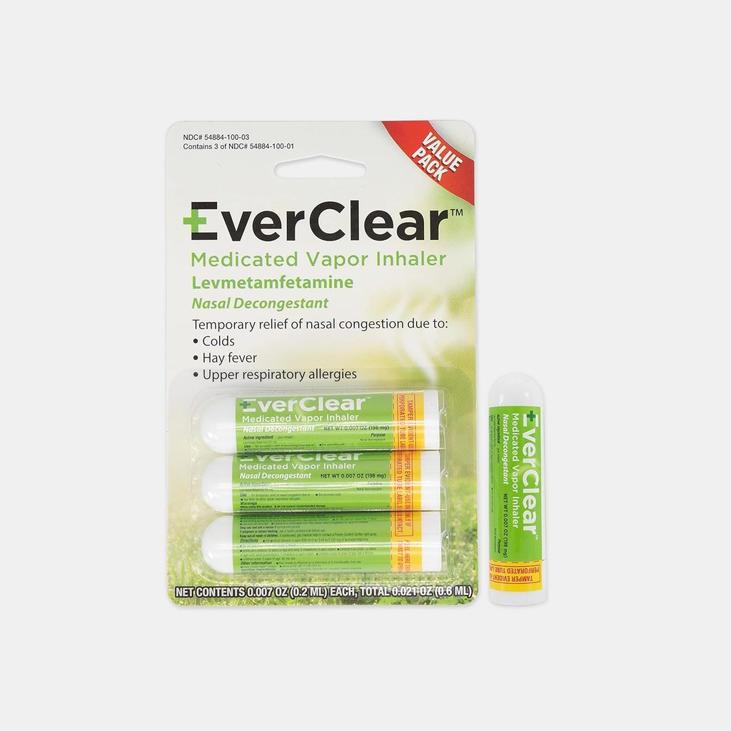 EverClear Medicated Vapor Inhaler, Nasal Decongestant for Colds, Hay Fever, & Øvre luftveje Allergier, 0, 2 ml, 3 Pack
