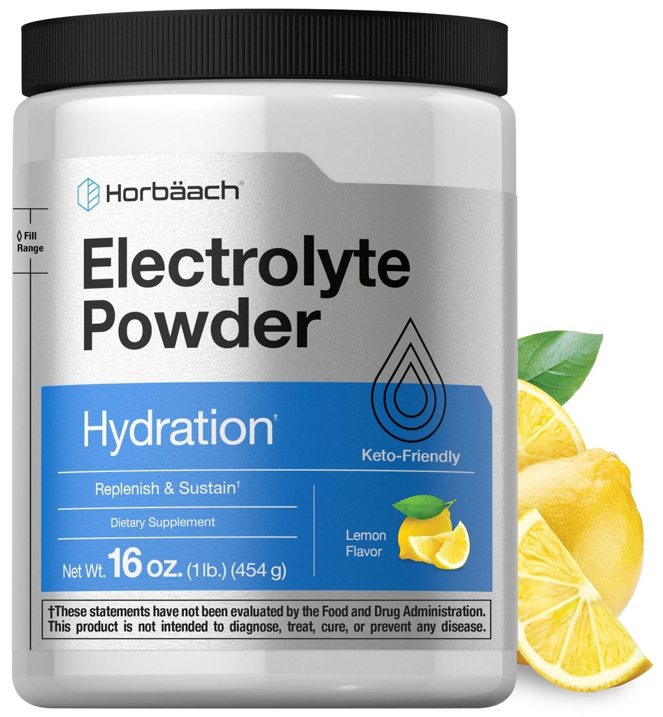 Horbäach Electrolytes Powder D124; 16 oz D124; 130 Servering D124; Hydration Supplement D124; Vegetar D124; Keto-Friendly D124; Non- GMO, Gluten Free Formel D124; Lemon Flavor