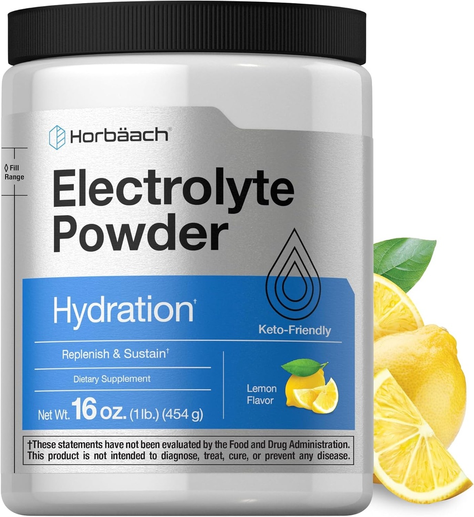 Horbäach Electrolytes Powder D124; 16 oz D124; 130 Servering D124; Hydration Supplement D124; Vegetar D124; Keto-Friendly D124; Non- GMO, Gluten Free Formel D124; Lemon Flavor