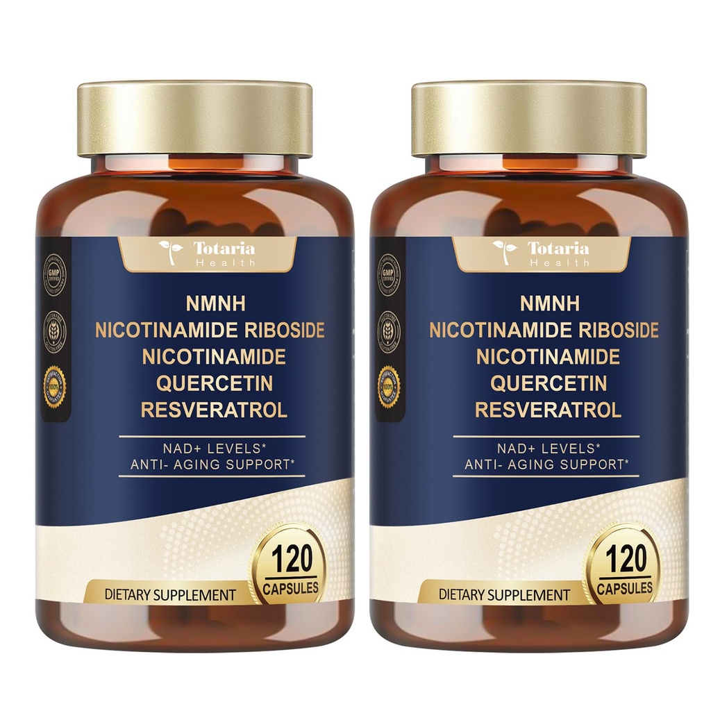 Totaria NMNH (Dihydronicotinamid Mononucleotid), NMNH Supplement w / Niacinamid (vitamin B3), Quercetin, Trans- Resveratrol, Support NAD +, Anti- Aging, Skin Cell Health & Energy, 240 Tæl