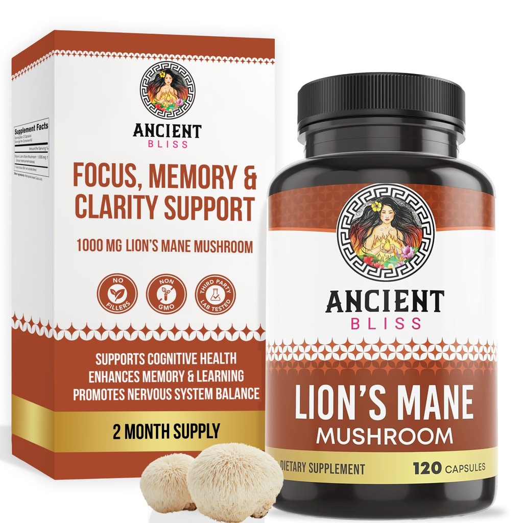 Ancient Bliss Lion 's Mane Supplement (2 Måned Supply) - 120 Vegansk Mushroom Capsules - Kan støtte Mental Klarhed, Energi & Maj Focus-Memory & immunforsvar Mushroom Supplement