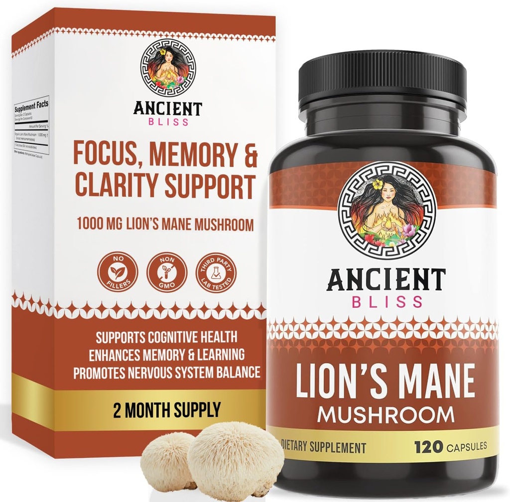 Ancient Bliss Lion 's Mane Supplement (2 Måned Supply) - 120 Vegansk Mushroom Capsules - Kan støtte Mental Klarhed, Energi & Maj Focus-Memory & immunforsvar Mushroom Supplement