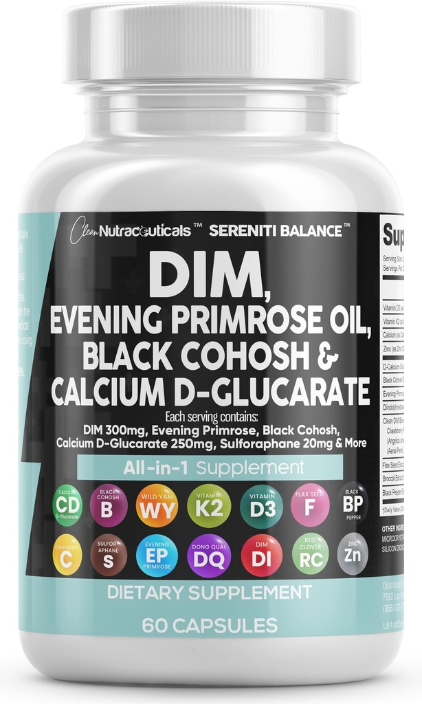 Clean Nutracatic DIM Evening Primrose Black Cohosh Calcium D- Glucarate Sulforaphane Hør Seed Extract - Hormonal Support Vitaminer til kvinder med Dong Quai - 60 Caps