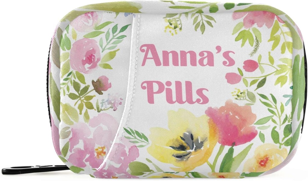 Custom Pill Box 7 Dag Pill Case Bag Vandfarve Floral Personaliseret Navn Rejse Pill Organizer Bag med lynlås Portable ugentlige sag Kompakt størrelse for vitamin supplement Holder